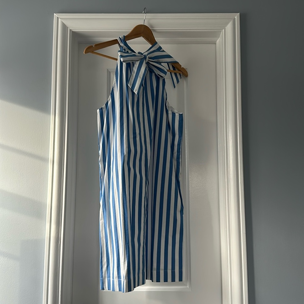 Blue white stripes J Crew halter dress with bow